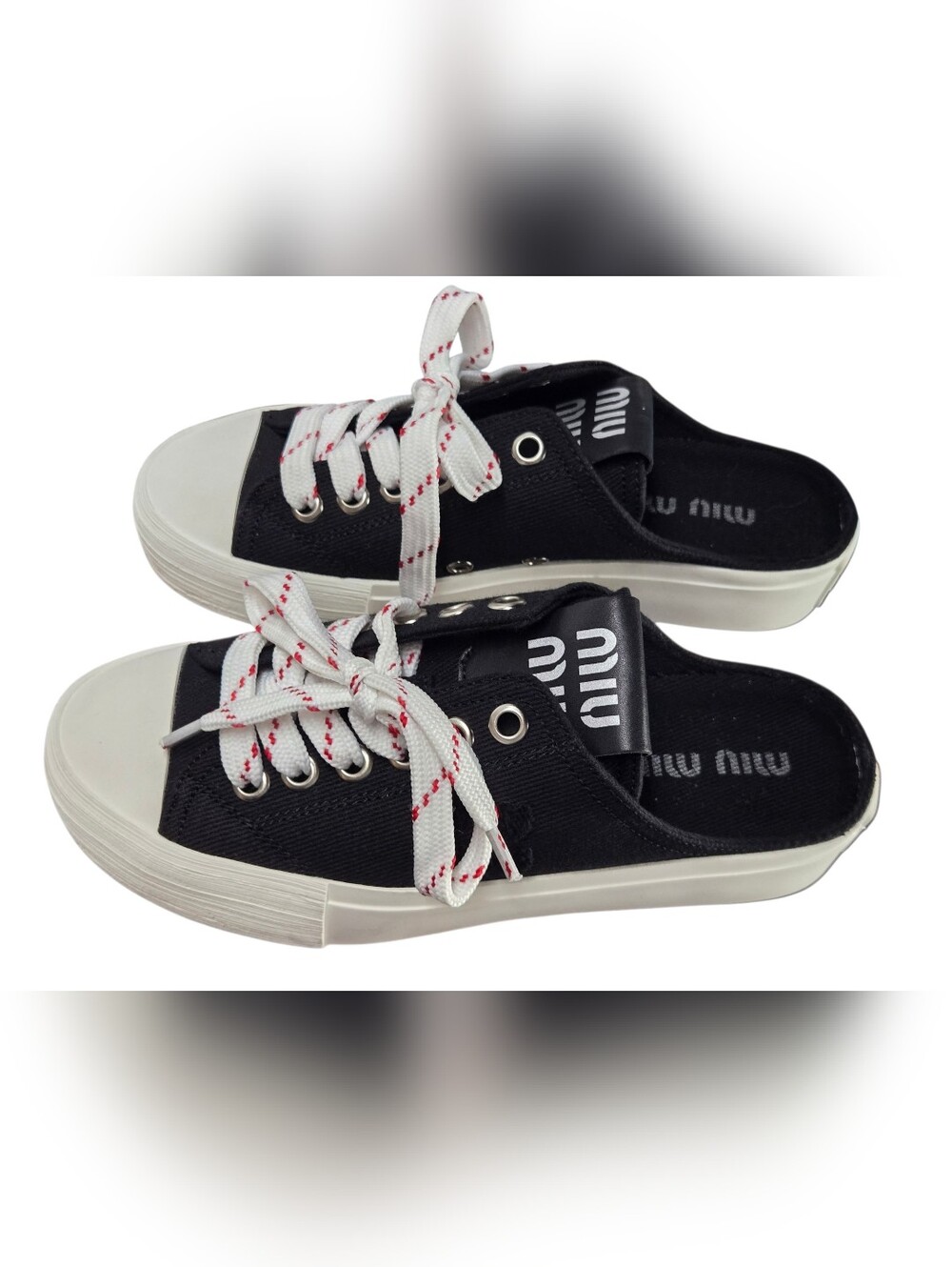 ​Miu Miu Black Canvas Mule Sneakers Slip On Star Sole Sz 36 / 6 Black White
